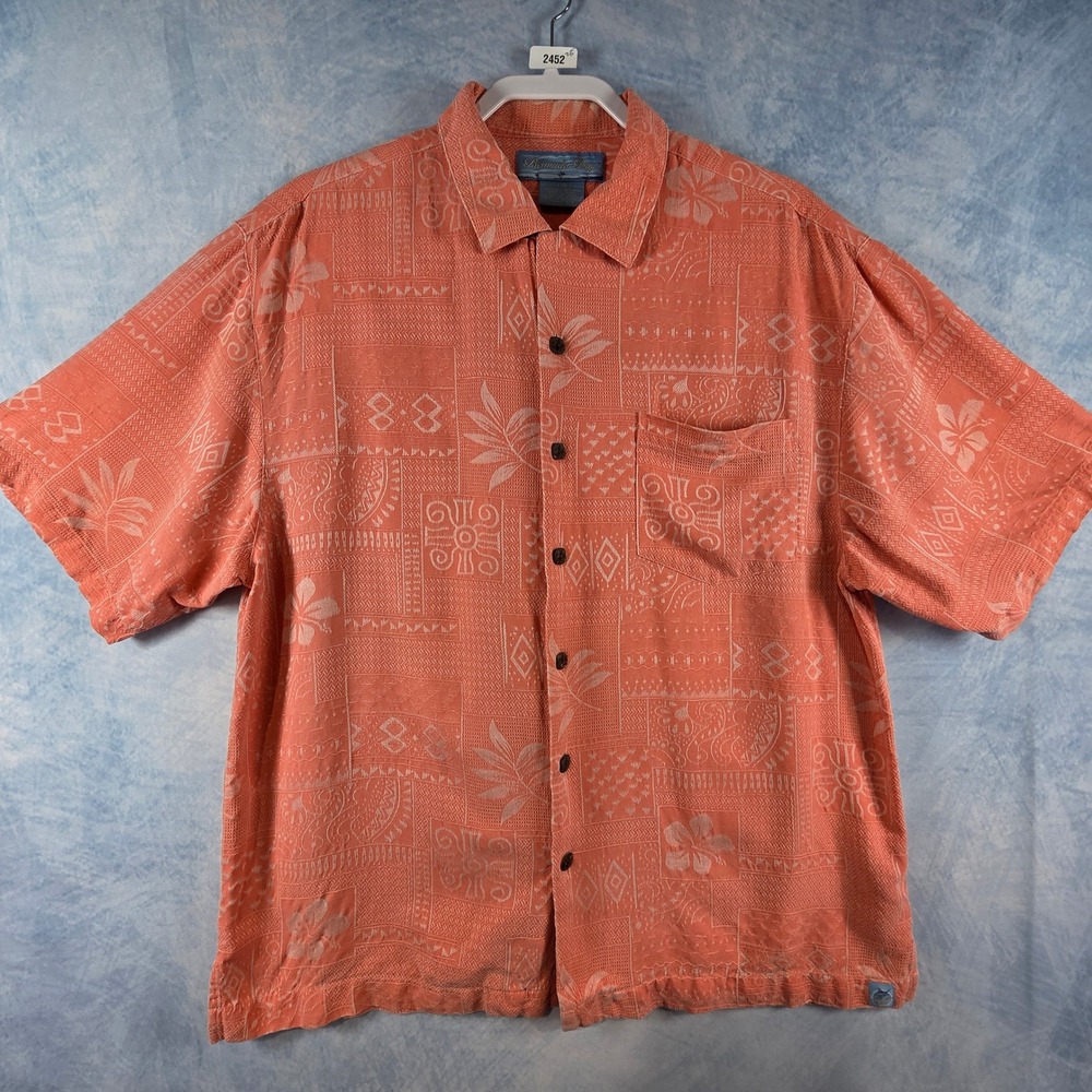 Bermuda Bay Mens Silk Jacquard Tropical Camp Shirt Orange Coral‎ Large L